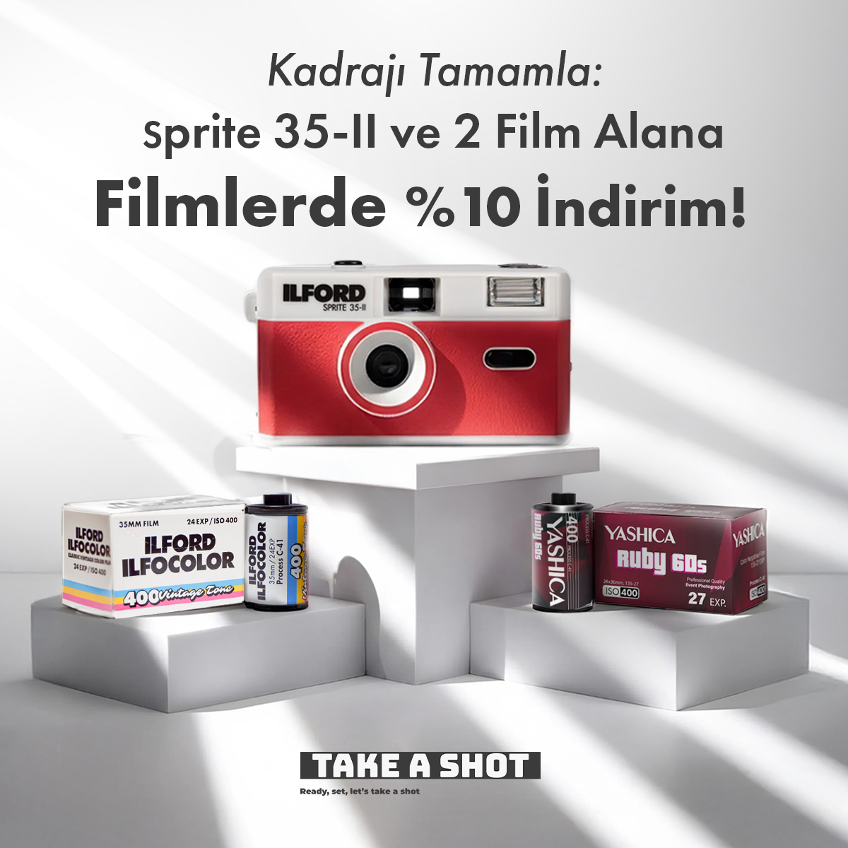 ILFORD SPRITE 35-II Kamera ve İkili Film Paketi ( 1 adet Vintage Tone 400 Film ve 1 adet Ruby 400 Film)