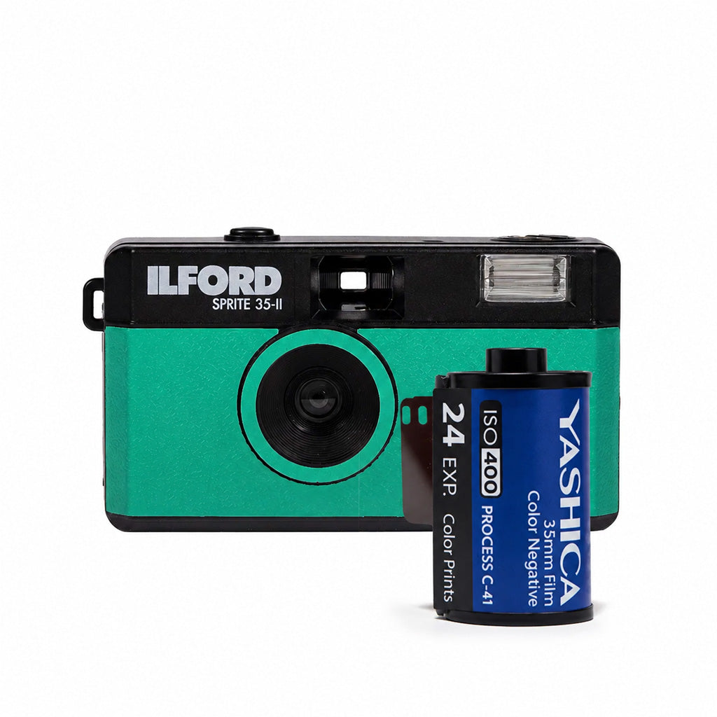 ILFORD SPRITE 35-II Kamera Siyah & Yeşil ve YASHICA ISO 400 EXP 27 35 MM Film